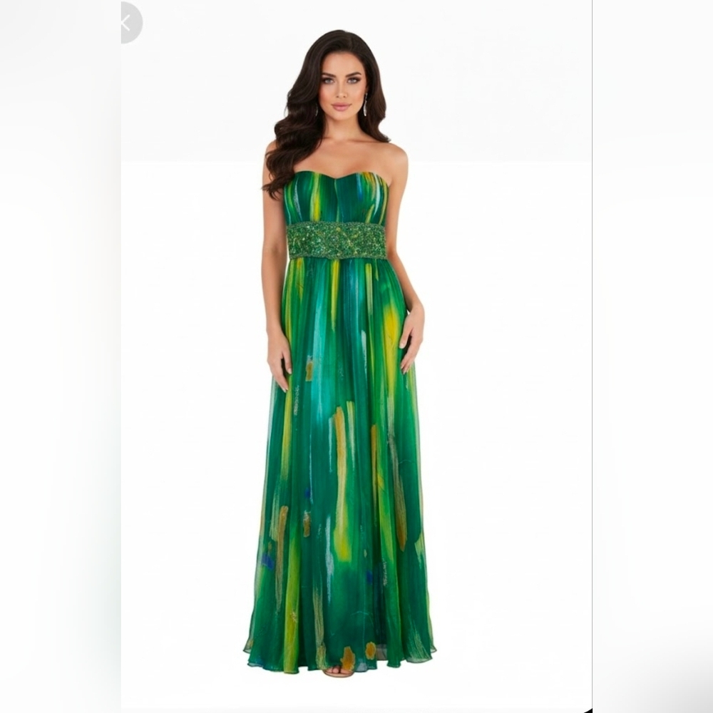CAMILLE LA VIE Women's Maxi Dress 100% Silk Green Strapless‎ Sz 4 Glam Fairycore